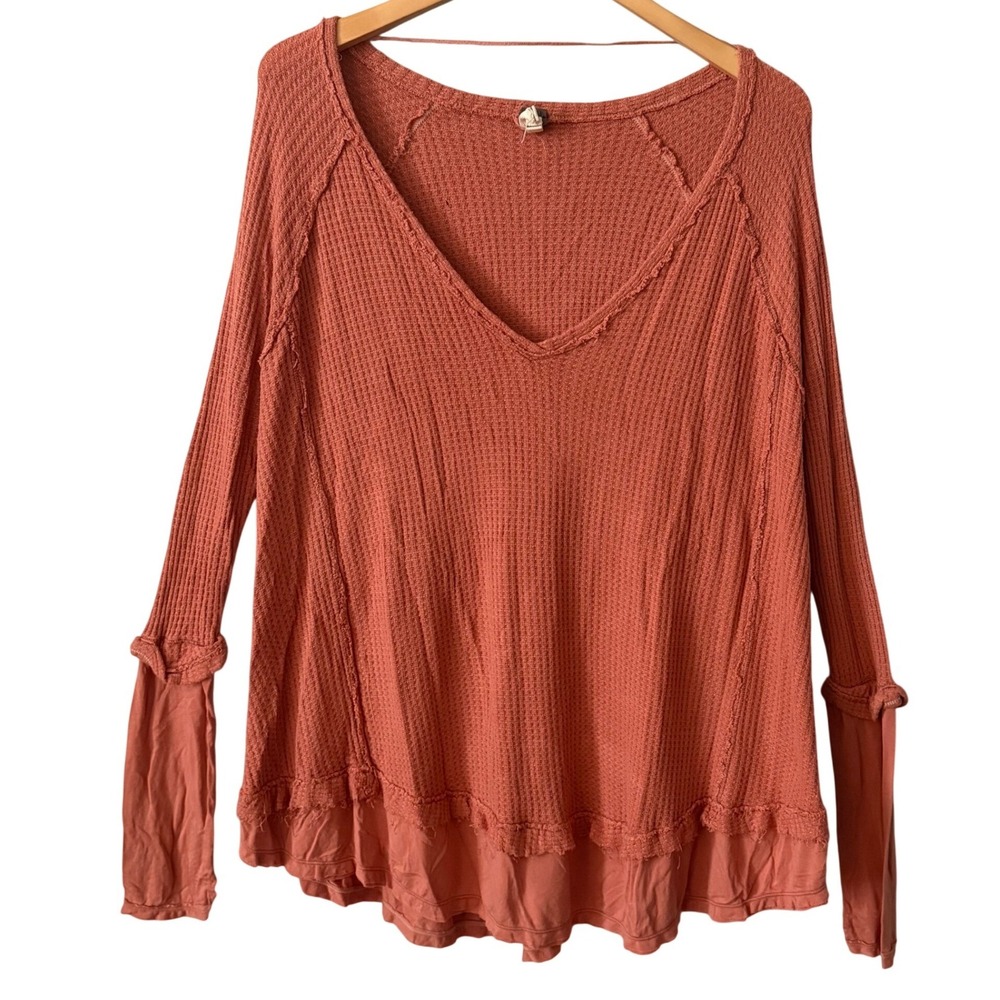 We The Free Free People Sz Lg Oversized Terracotta Waffle Knit Thermal Top Boho